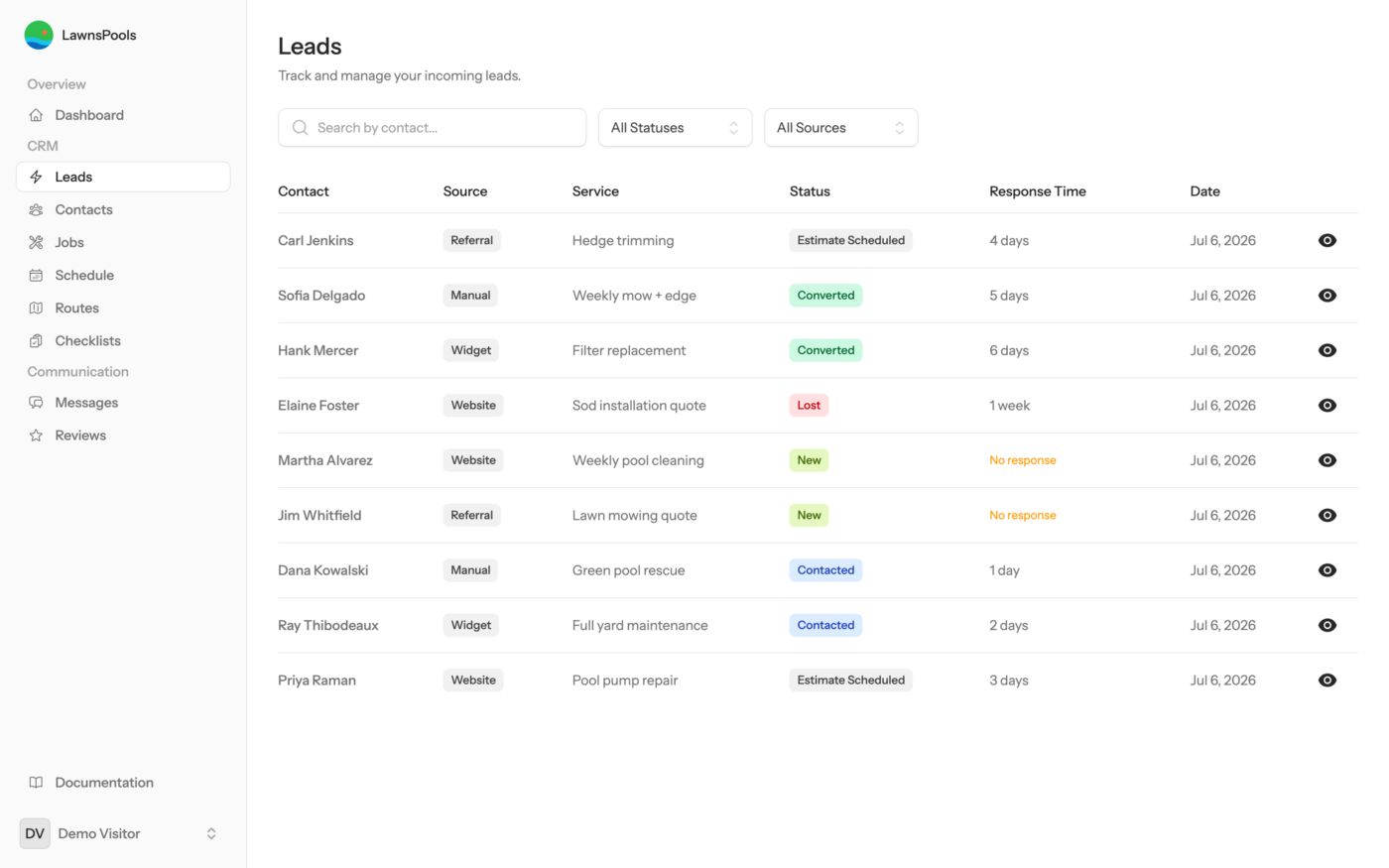 Every lead in one pipeline — LawnsPools screenshot
