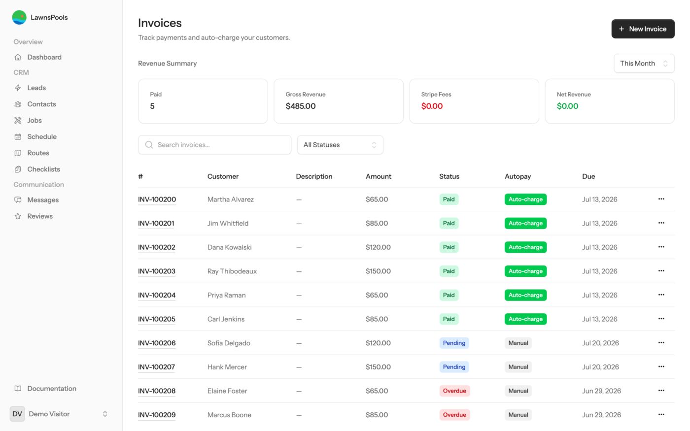Invoices that chase themselves — LawnsPools screenshot