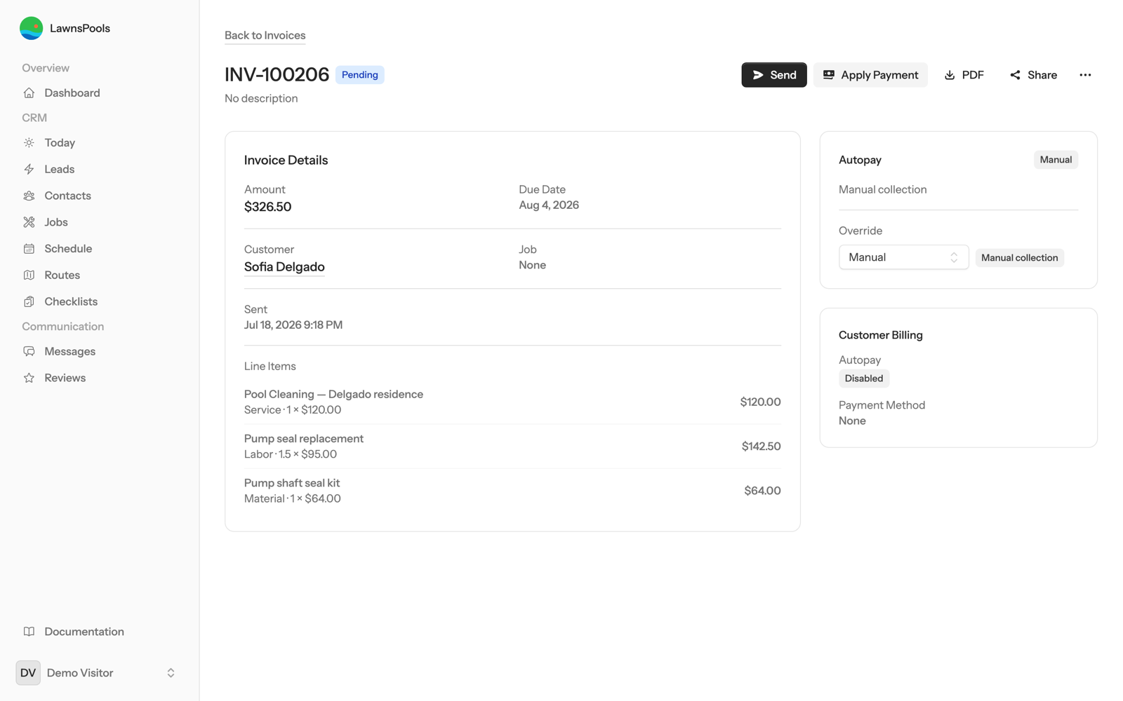 A LawnsPools invoice with line items: pool cleaning service, pump seal replacement labor at 1.5 hours, and a parts line
