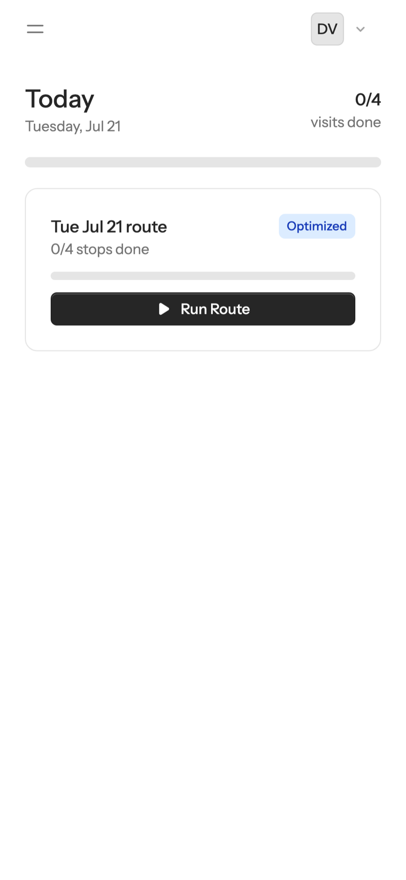 The LawnsPools Today view on a phone: visit counter, progress bar, and a Run Route button