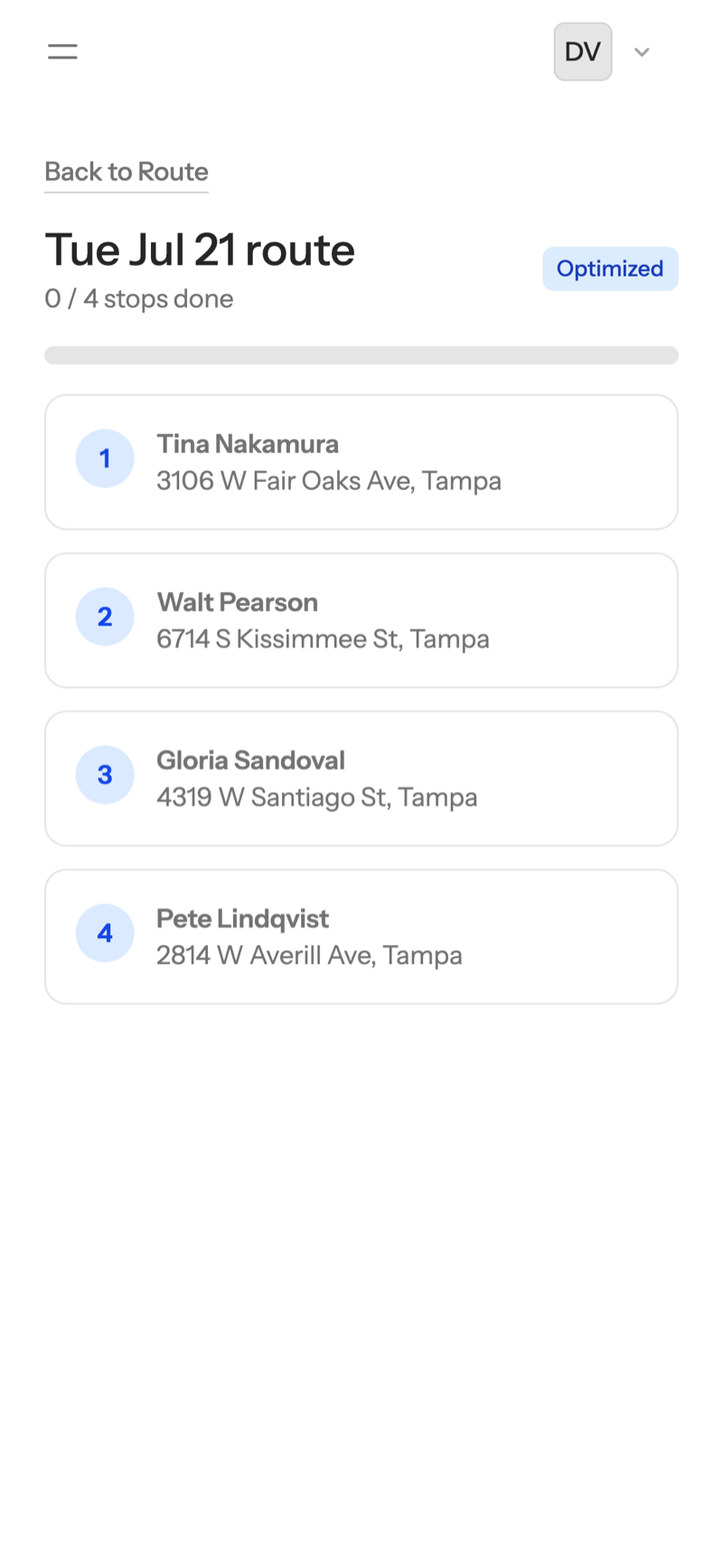 The route runner on a phone: four stops in drive order with customer names and addresses